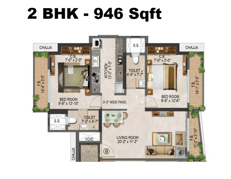 Salasar Sparsh Unit plan - 946 sq.ft.