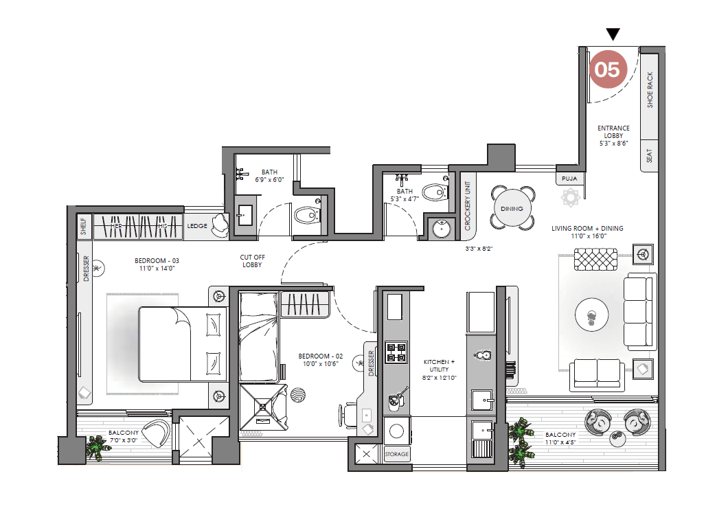 VJ Palladio Central Unit plan - 830 sq.ft.