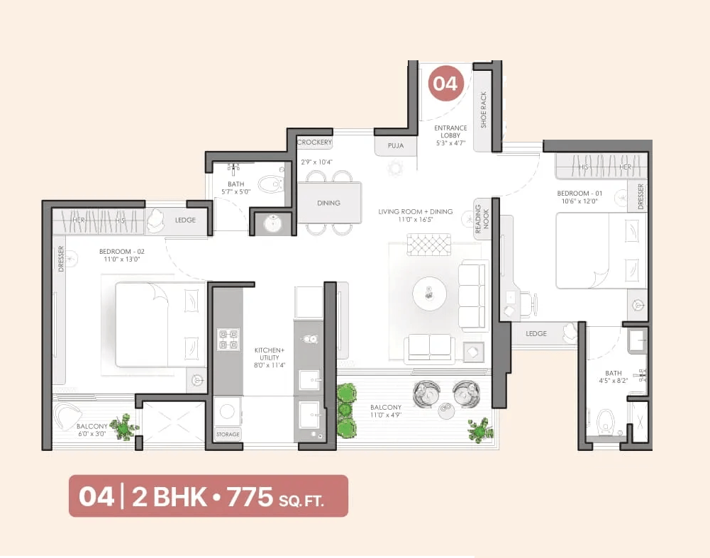 VJ Palladio Central Unit plan - 775 sq.ft.