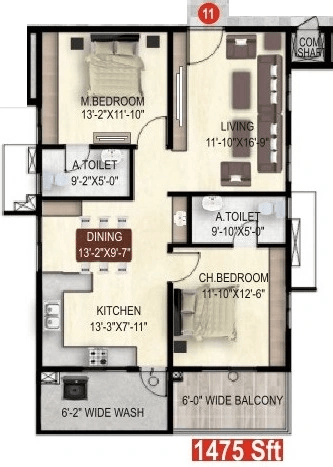 The Drizzle Unit plan - 1032 sq.ft.