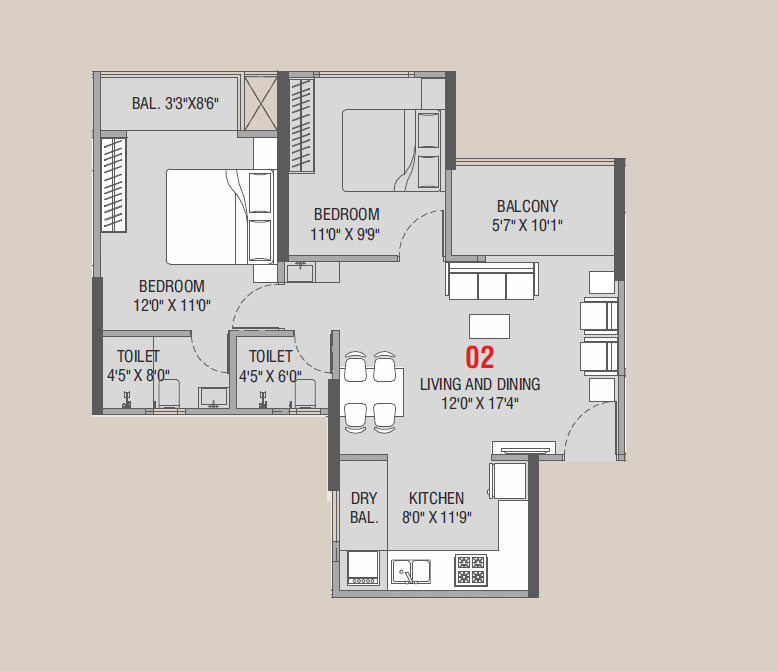 Sankalp Torezza Unit plan - 733 sq.ft.