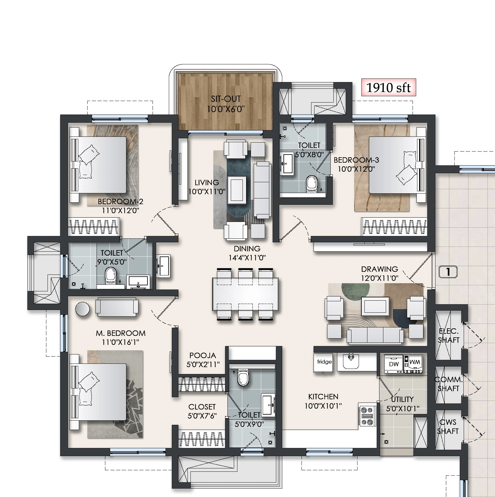 Raghava Halo Unit plan - 1337 sq.ft.