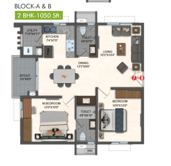 Pavani Mirabilia Unit plan - 745 sq.ft.