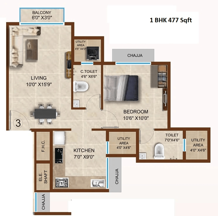 Heritage Emerald Unit plan - 477 sq.ft.