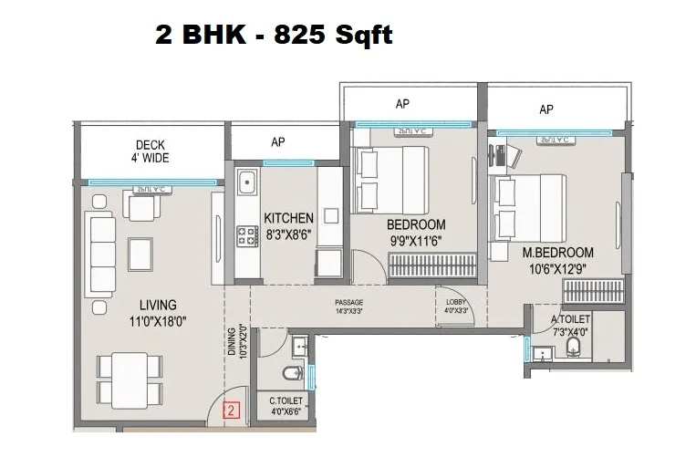 Platinum Aura Unit plan - 825 sq.ft.