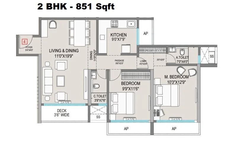 Platinum Aura Unit plan - 851 sq.ft.