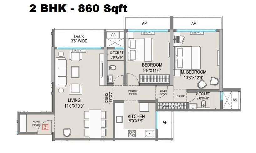 Platinum Aura Unit plan - 860 sq.ft.