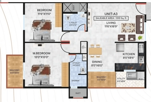 Vrushabadri Winter Park Unit plan - 890 sq.ft.