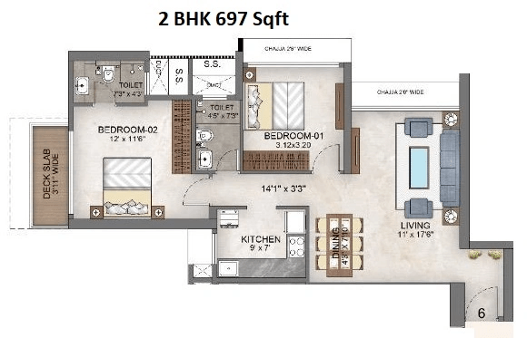 Arihant Aqua Bay Unit plan - 697 sq.ft.