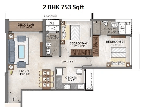 Arihant Aqua Bay Unit plan - 753 sq.ft.