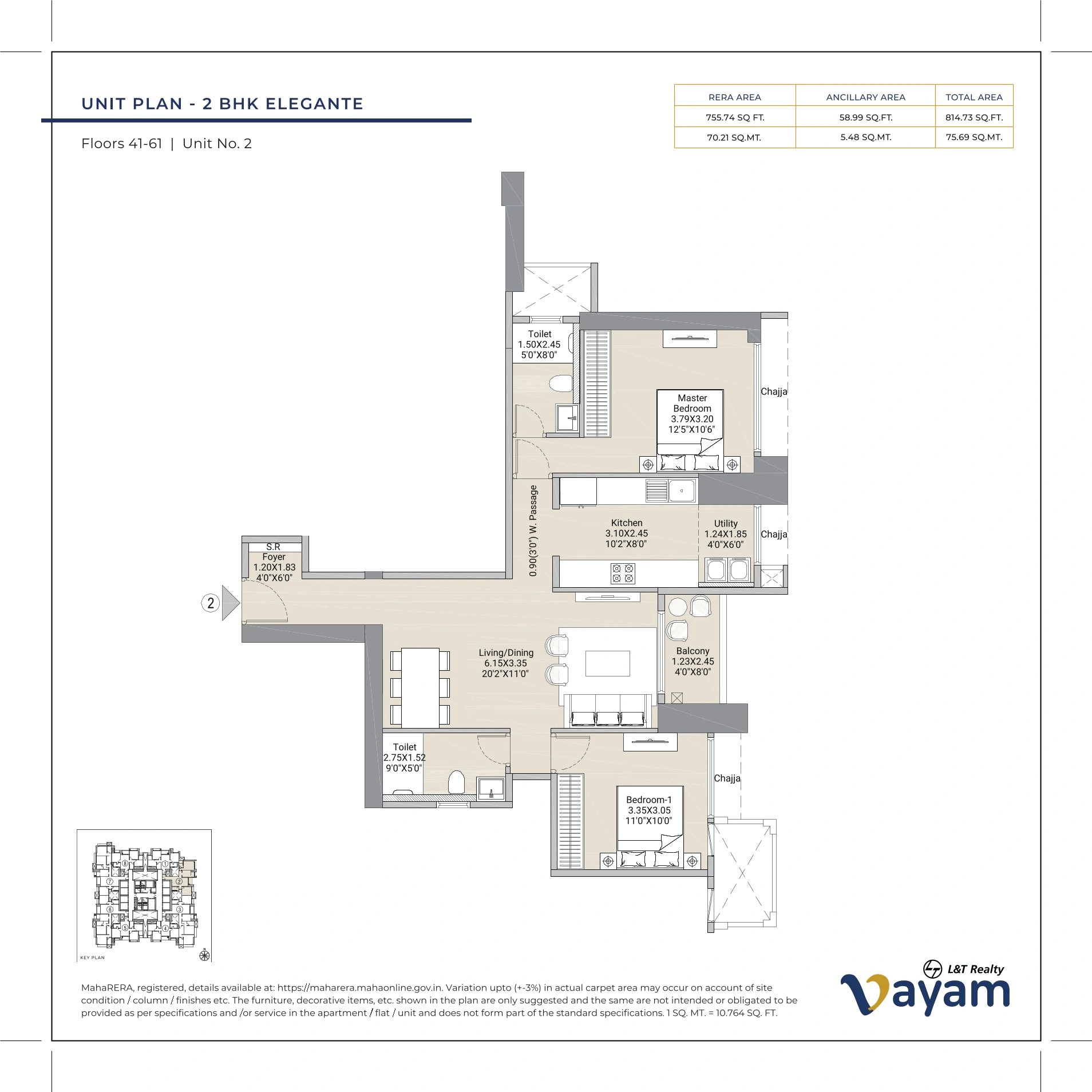 L&T Vayam Unit plan - 814 sq.ft.