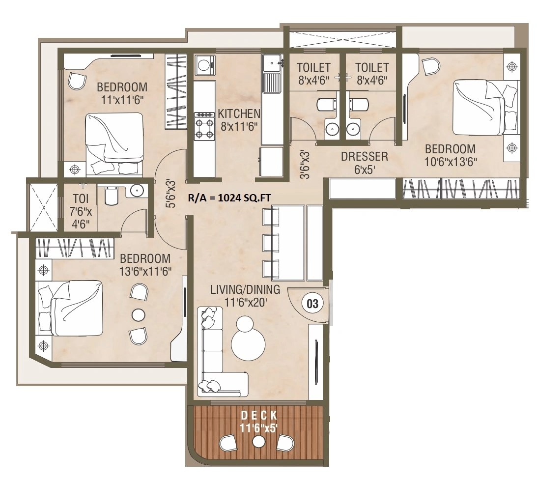 Vardhaman Ananda Unit plan - 1024 sq.ft.