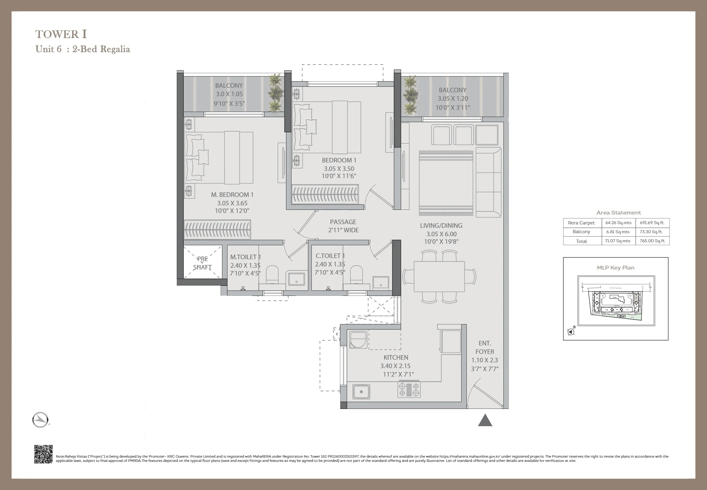 K Raheja Vistas Unit plan - 765 sq.ft.