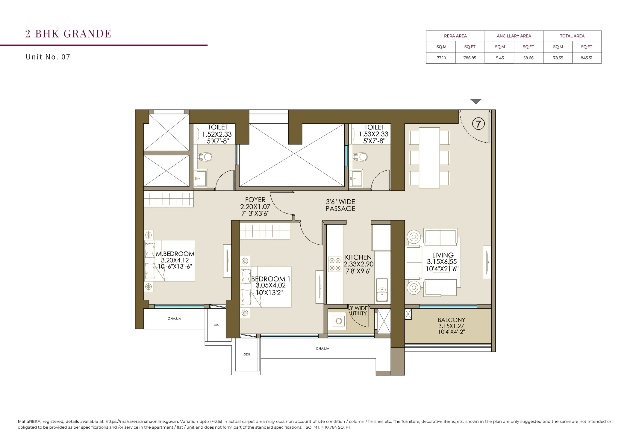 L&T Ahana Unit plan - 845 sq.ft.