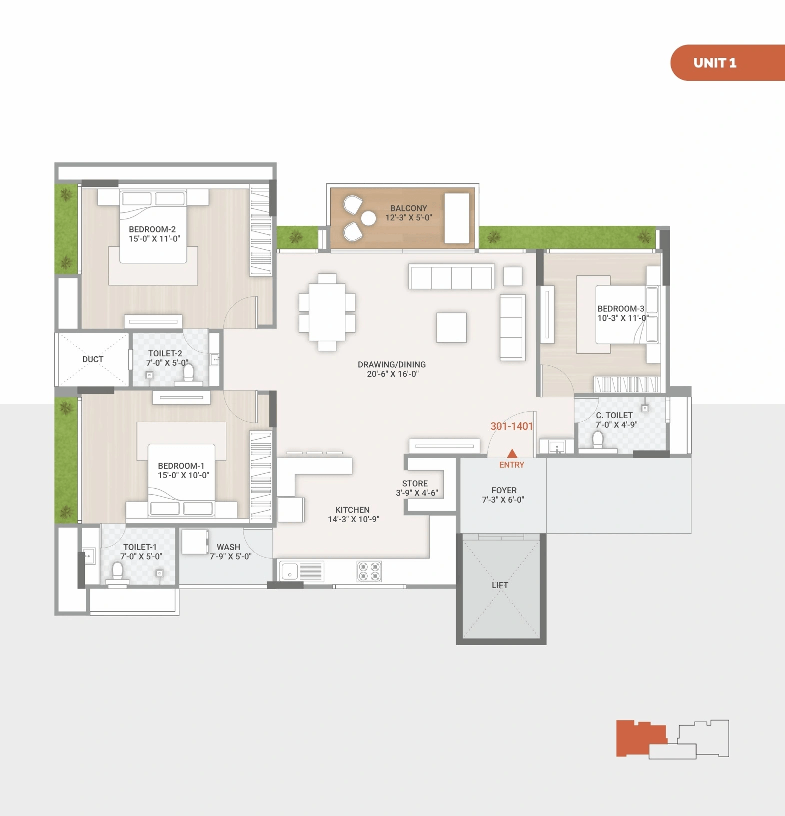Unit plan - 1100 sq.ft.