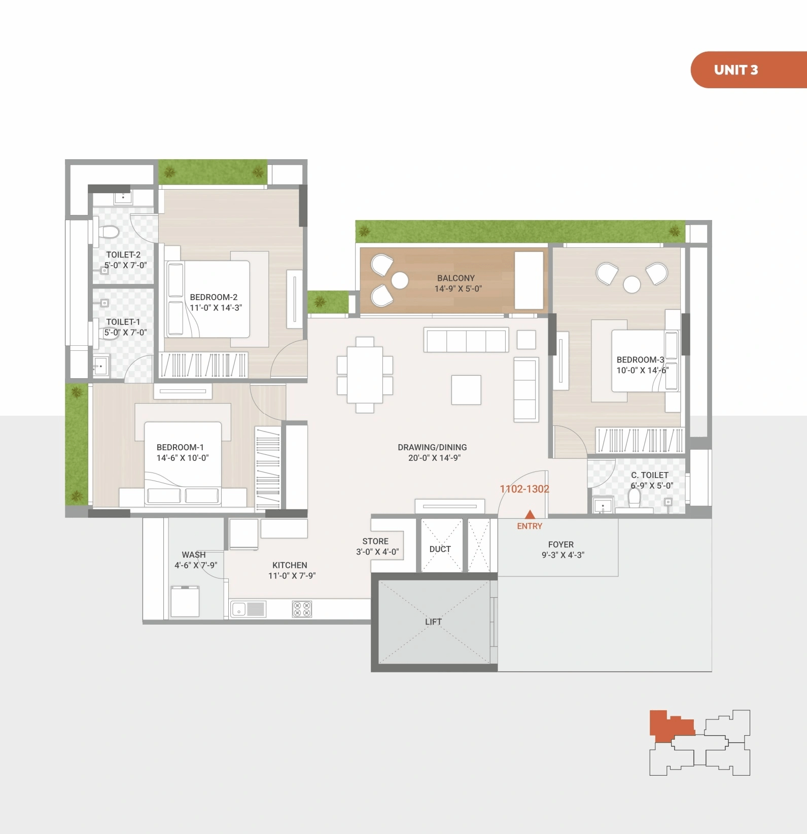 Laxmi Azzaro Unit plan - 1287 sq.ft.