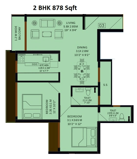 EV 9 Square Unit plan - 878 sq.ft.