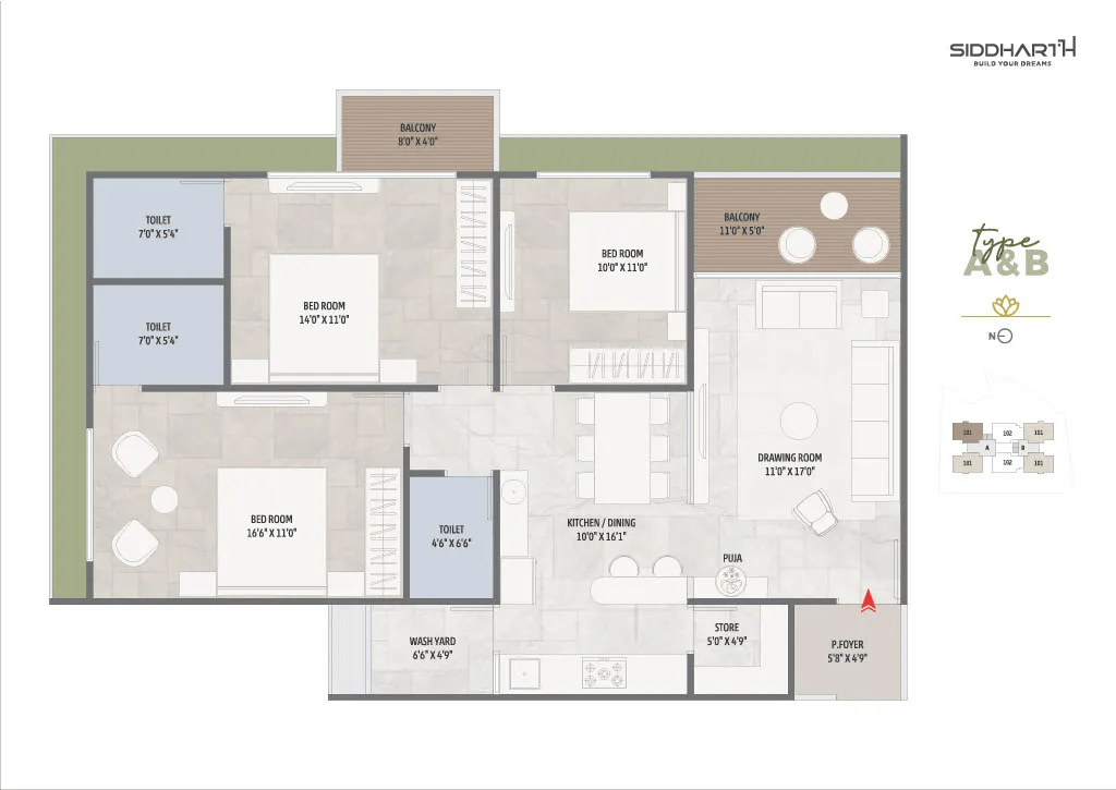 Siddharath Waters edge Unit plan - 1228 sq.ft.