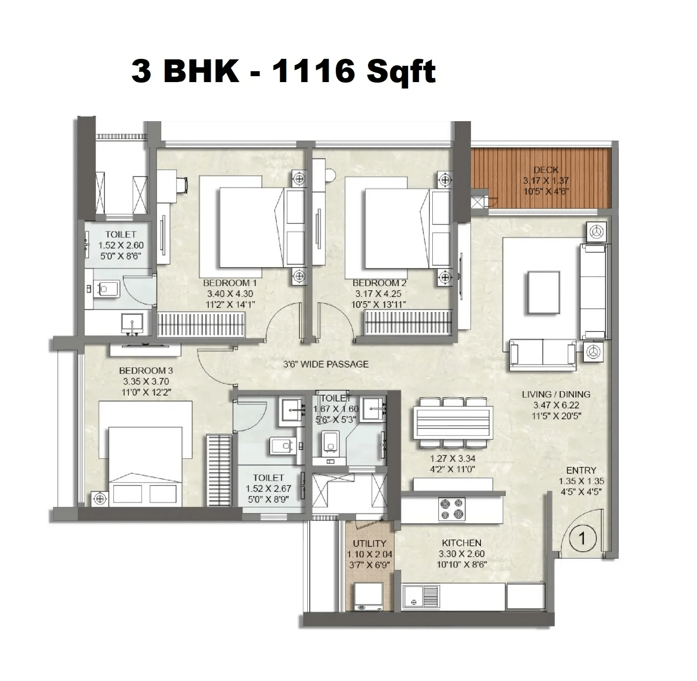 Kalpataru Lokhandwala Unit plan - 1116 sq.ft.