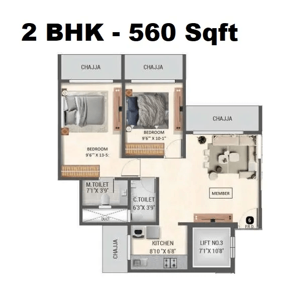 Konark Zen Pristine Unit plan - 560 sq.ft.