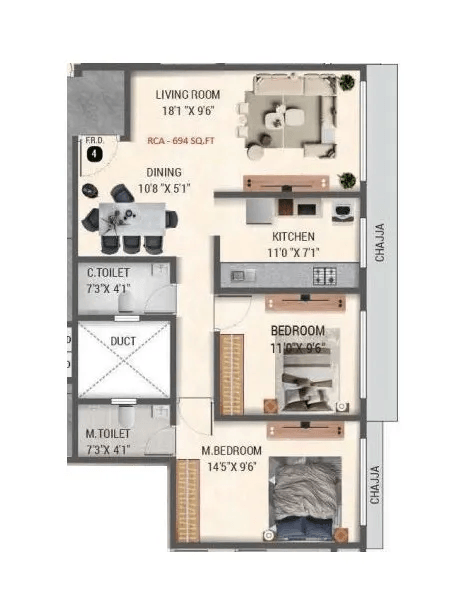 Konark Zen Pristine Unit plan - 694 sq.ft.