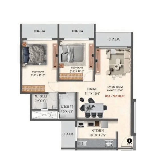 Konark Zen Pristine Unit plan - 742 sq.ft.