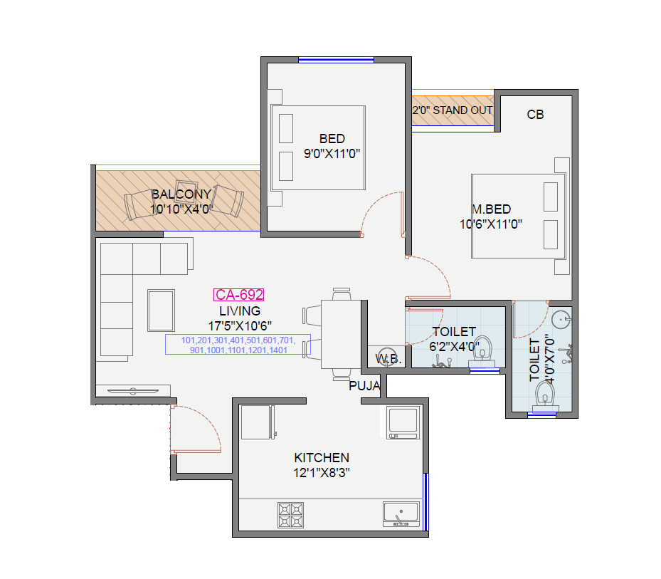 Radhe Anantam Unit plan - 692 sq.ft.