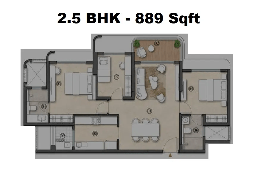 Lodha Altus Unit plan - 889 sq.ft.