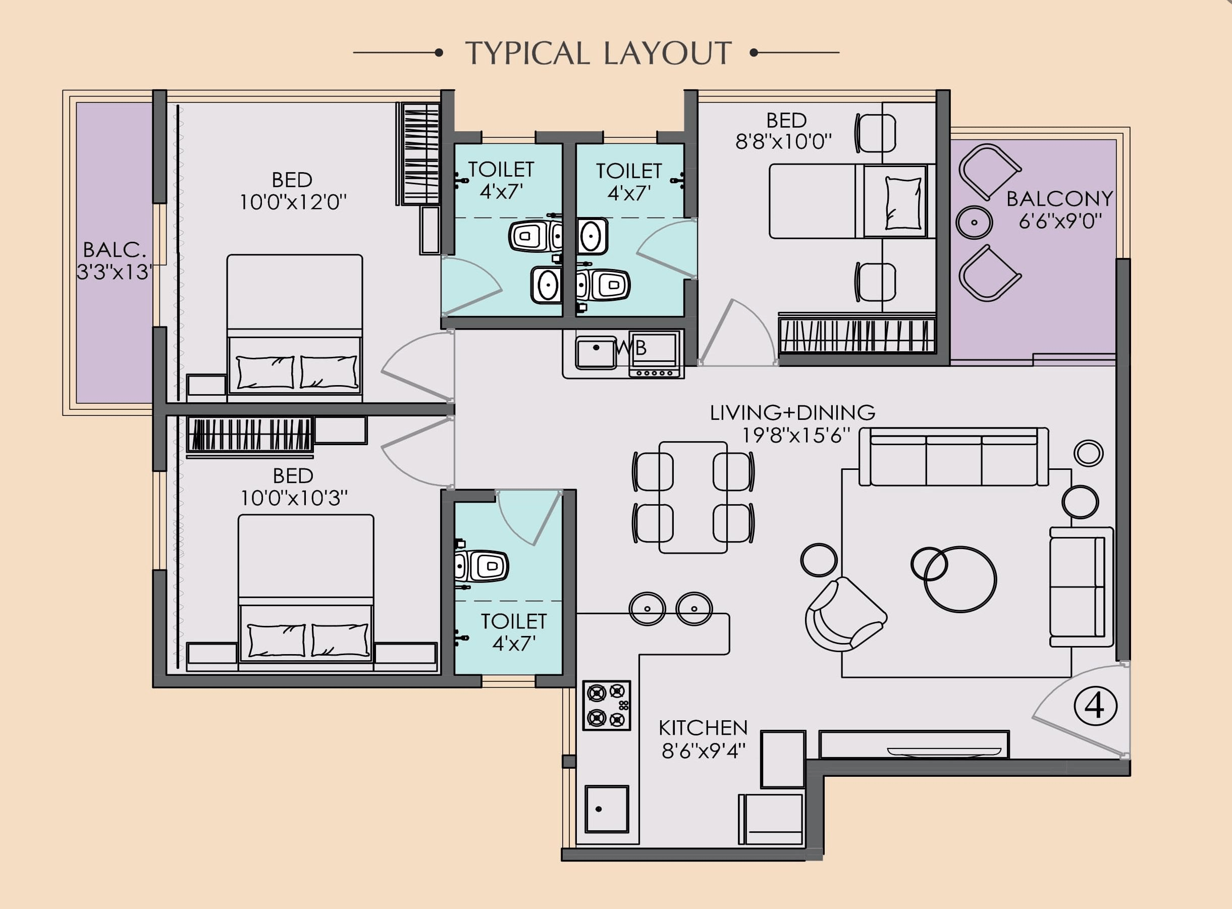 Avirat Panoreeva Greens Unit plan - 910 sq.ft.