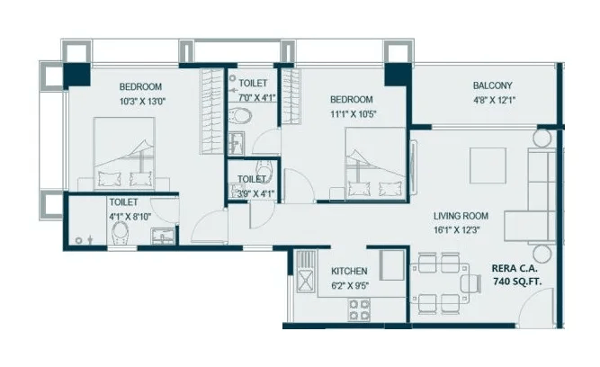 Chaitanya Ganpati Baug Unit plan - 740 sq.ft.