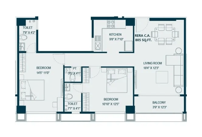 Chaitanya Ganpati Baug Unit plan - 805 sq.ft.