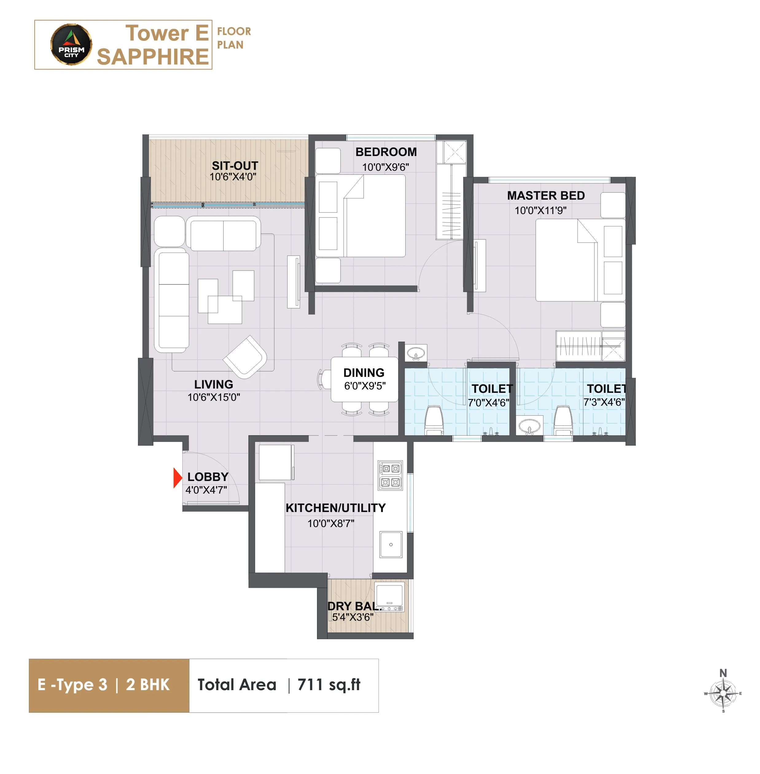 Diamond Prism City Blue Unit plan - 711 sq.ft.