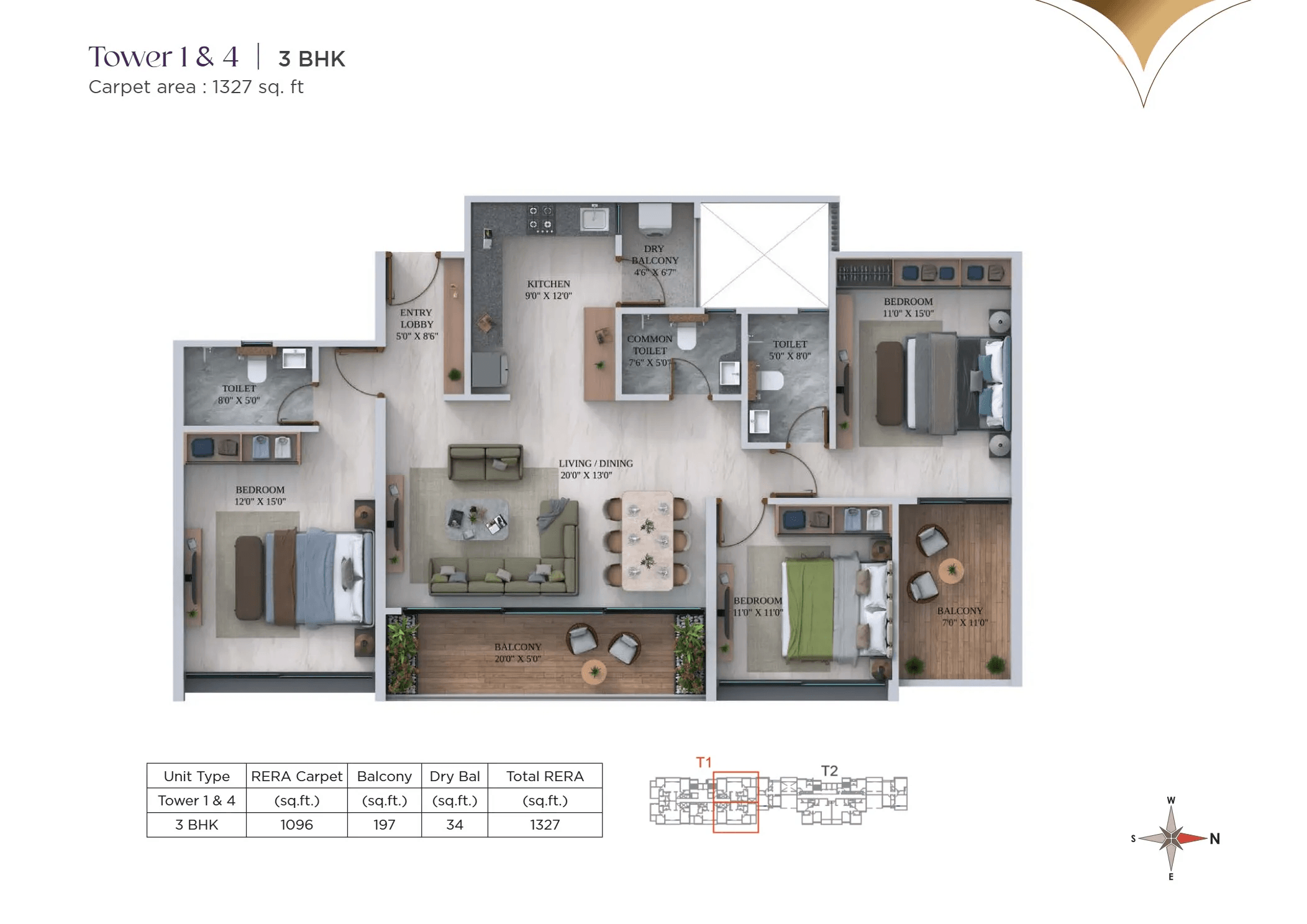 Dream Velvet Unit plan - 1327 sq.ft.