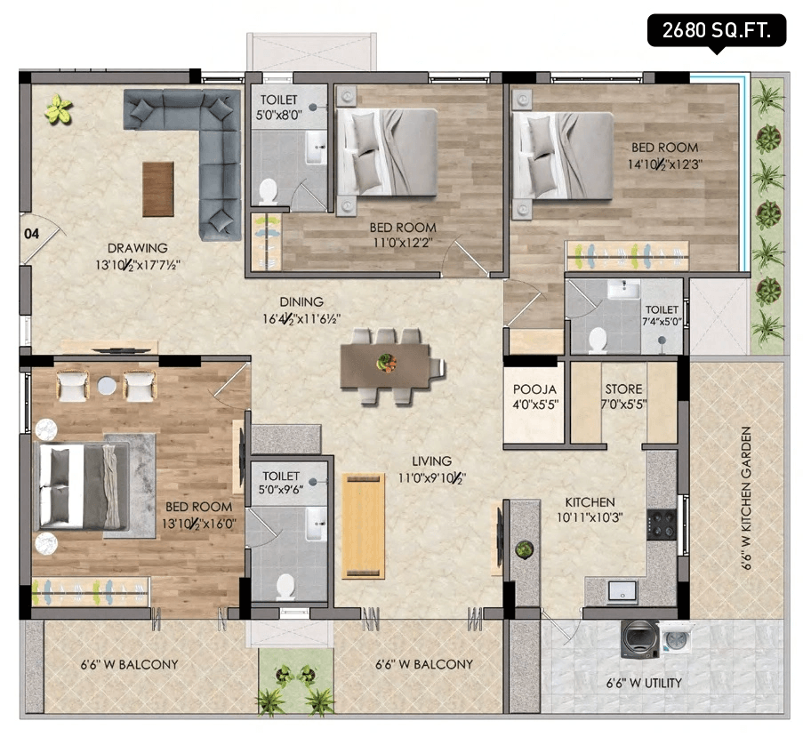 Bharathi Lakewoods Unit plan - 1981 sq.ft.