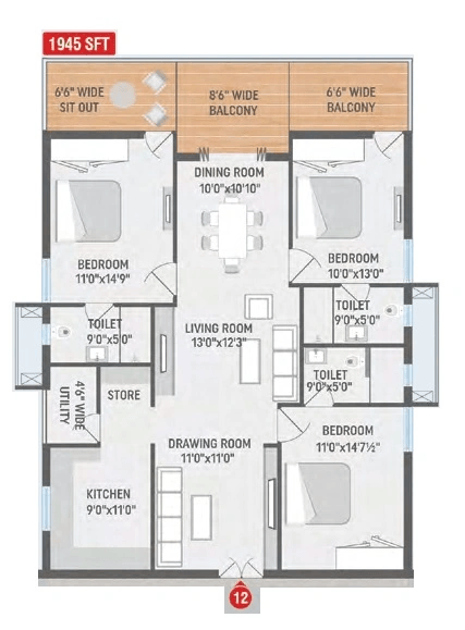 Bharathi Horizon Unit plan - 1444 sq.ft.