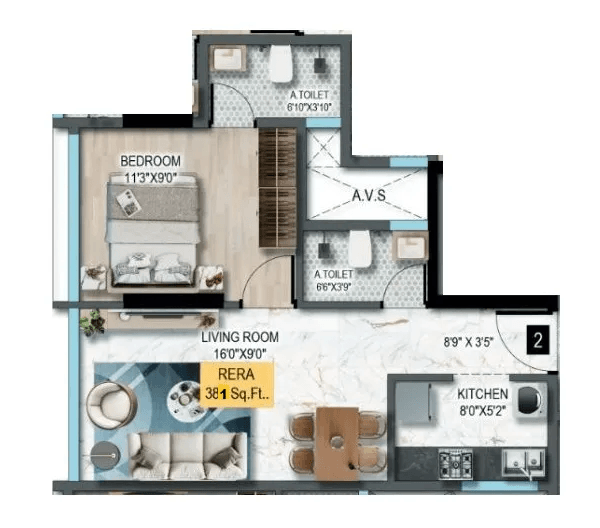 DTG Aurum Unit plan - 381 sq.ft.
