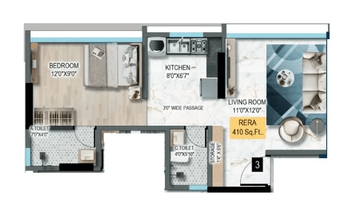 DTG Aurum Unit plan - 410 sq.ft.
