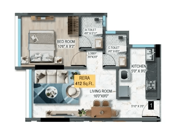 DTG Aurum Unit plan - 412 sq.ft.