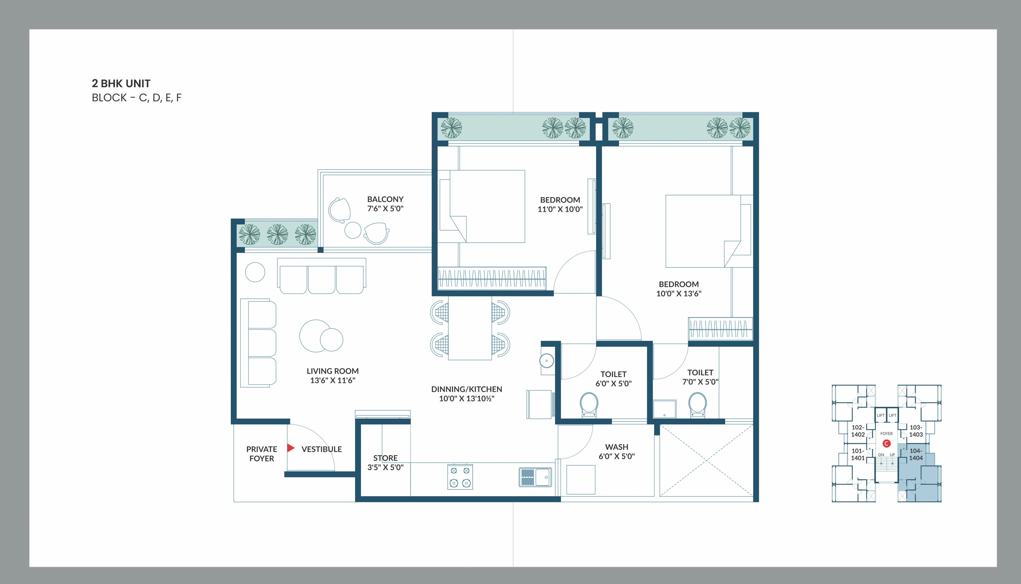 Khwaish BlueBell Unit plan - 735 sq.ft.