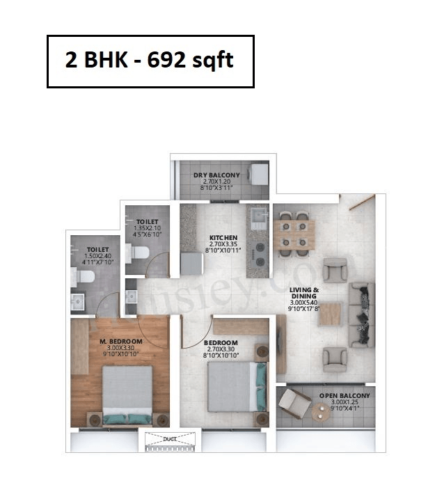 Ganga Asmi Unit plan - 692 sq.ft.
