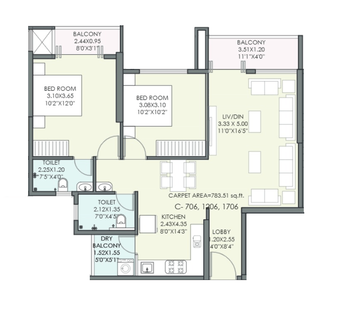 Urway Arkaay Tower Unit plan - 783 sq.ft.