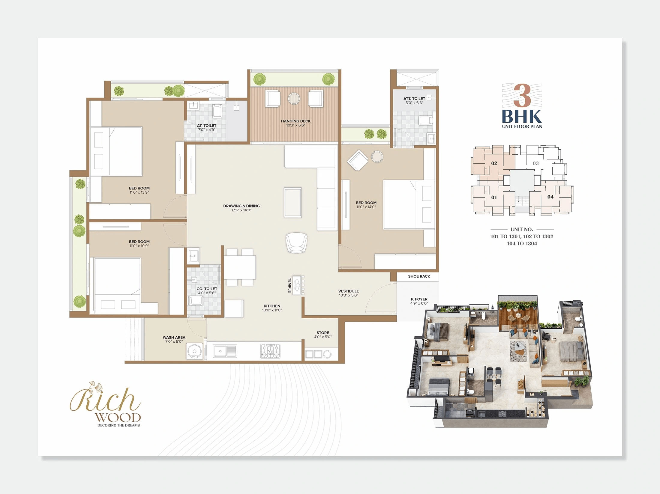 Urbania Rich Wood Unit plan - 983 sq.ft.