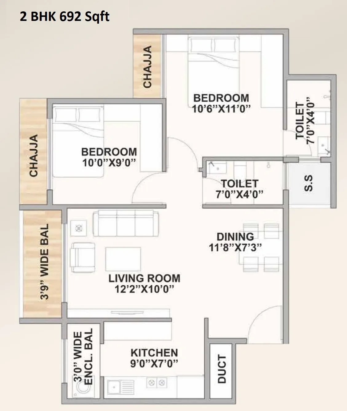 TPV Bharat Enclave Unit plan - 692 sq.ft.