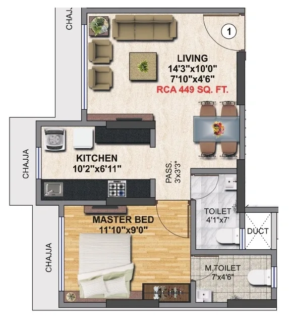 Sarvesh One Unit plan - 449 sq.ft.