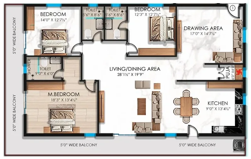 Marvel Infra Gachibowli Unit plan - 1445 sq.ft.