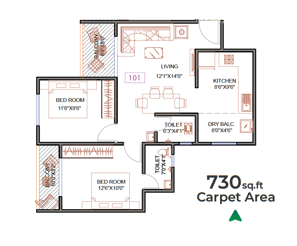 DML Hexa Towers Unit plan - 730 sq.ft.