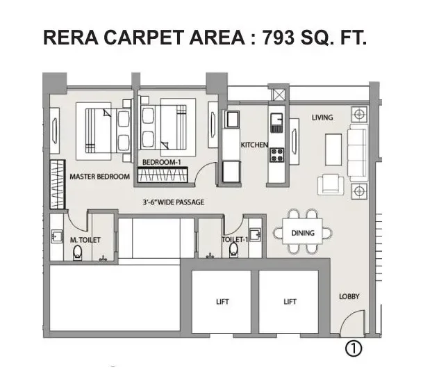 Sheth 72 West Unit plan - 793 sq.ft.