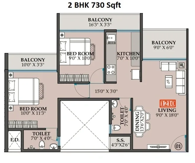 Kuber Empire Unit plan - 730 sq.ft.