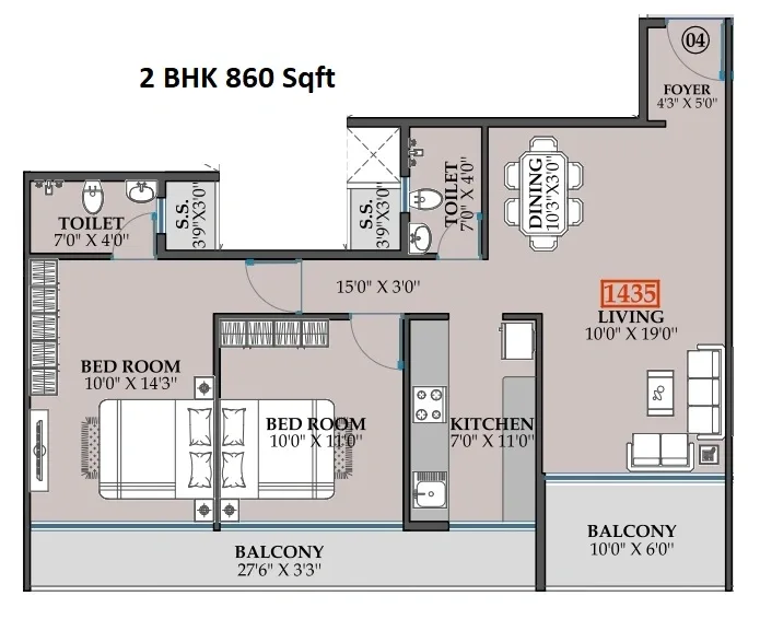 Kuber Empire Unit plan - 860 sq.ft.