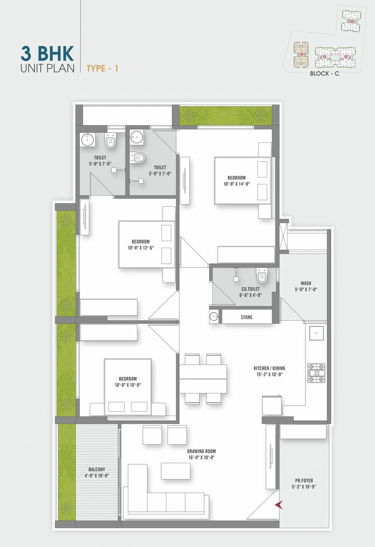 Tulsi Aura Unit plan - 999 sq.ft.